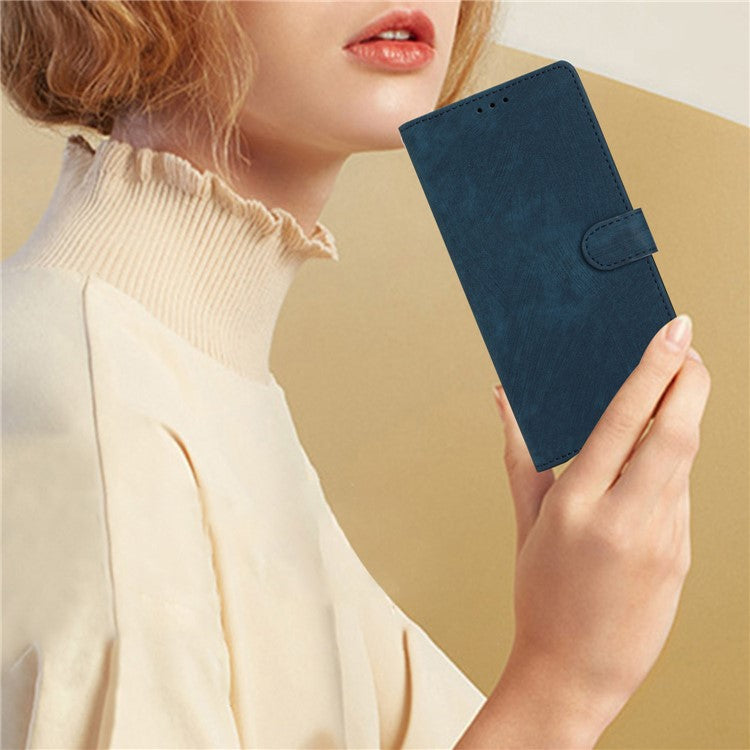 Wallet Shell for iPhone 14 Solid Color Skin-touch PU Leather Anti-collision Stand Phone Case - Blue