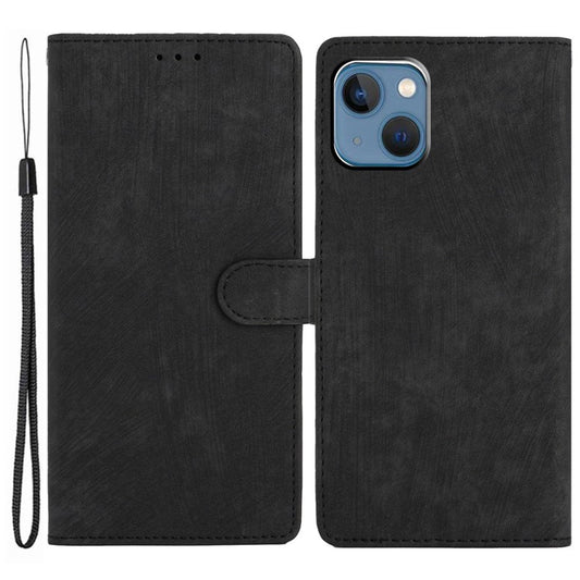 Wallet Shell for iPhone 14 Solid Color Skin-touch PU Leather Anti-collision Stand Phone Case - Black