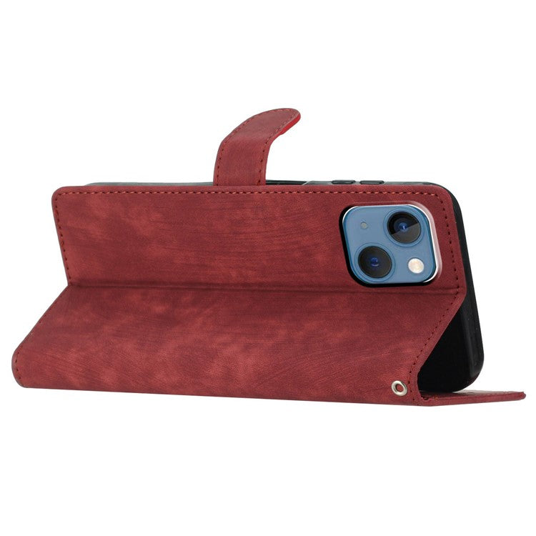 For iPhone 14 Plus PU Leather Wallet Fully Wrapped Cover Skin-touch Stand Phone Case - Red