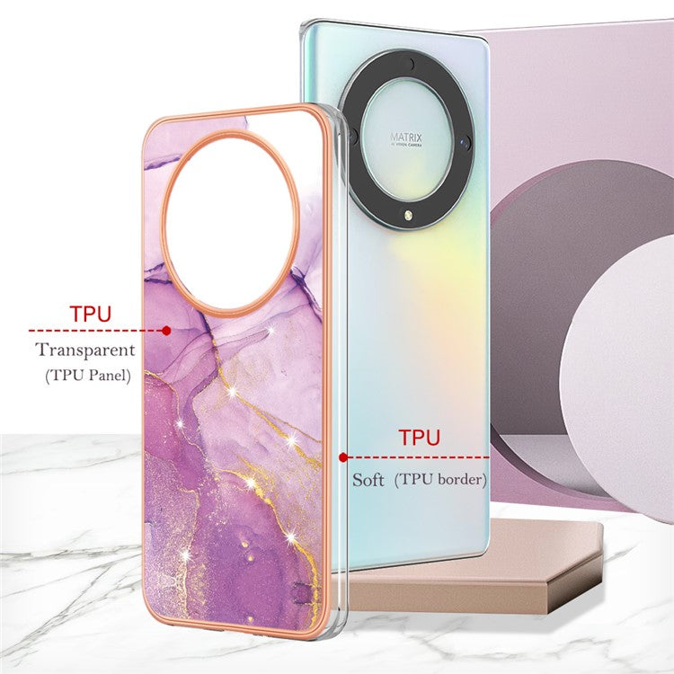 YB IMD Series-2 Marble Pattern Phone Case for Honor X9a 5G / Magic5 Lite 5G / X40 5G , Electroplating Soft TPU IMD Cover - Purple 001