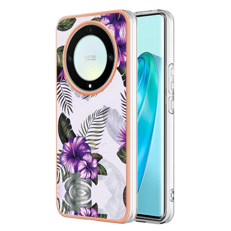 YB IMD Series-1 Phone Case for Honor X9a 5G / X40 5G / Magic5 Lite 5G Marble Floral Pattern Electroplating TPU Cover - Purple Flower