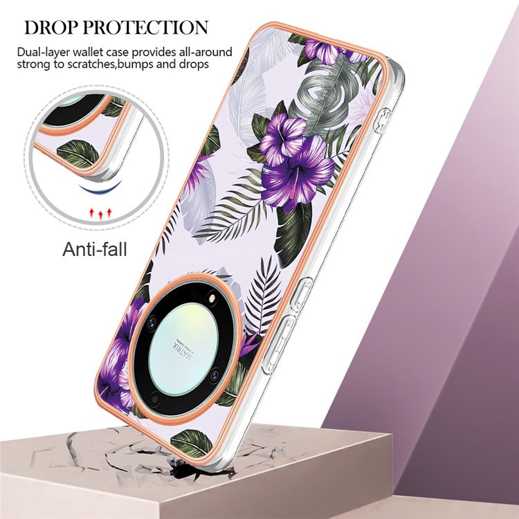 YB IMD Series-1 Phone Case for Honor X9a 5G / X40 5G / Magic5 Lite 5G Marble Floral Pattern Electroplating TPU Cover - Purple Flower