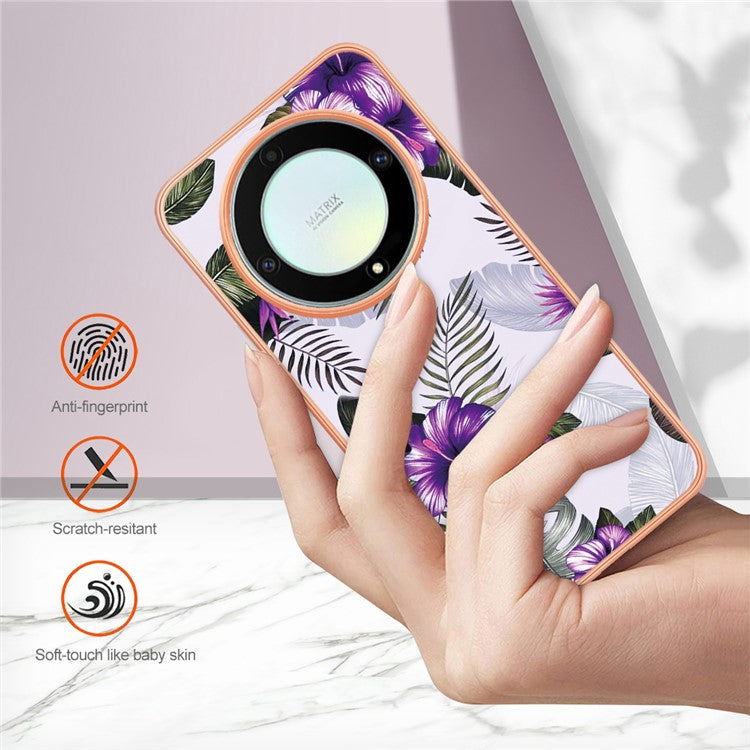 YB IMD Series-1 Phone Case for Honor X9a 5G / X40 5G / Magic5 Lite 5G Marble Floral Pattern Electroplating TPU Cover - Purple Flower
