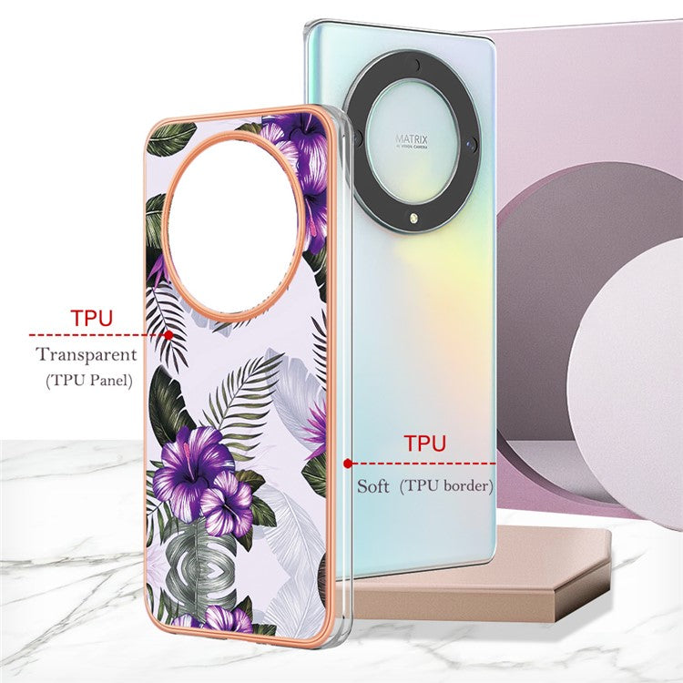 YB IMD Series-1 Phone Case for Honor X9a 5G / X40 5G / Magic5 Lite 5G Marble Floral Pattern Electroplating TPU Cover - Purple Flower