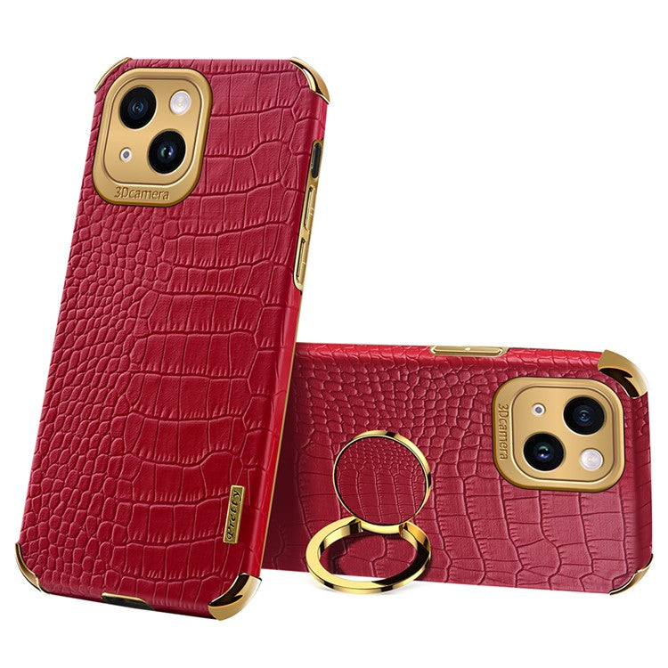 For iPhone 14 Electroplated PU Leather Coated TPU Cover Ring Kickstand Crocodile Texture Phone Case - Red