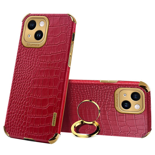 For iPhone 14 Electroplated PU Leather Coated TPU Cover Ring Kickstand Crocodile Texture Phone Case - Red