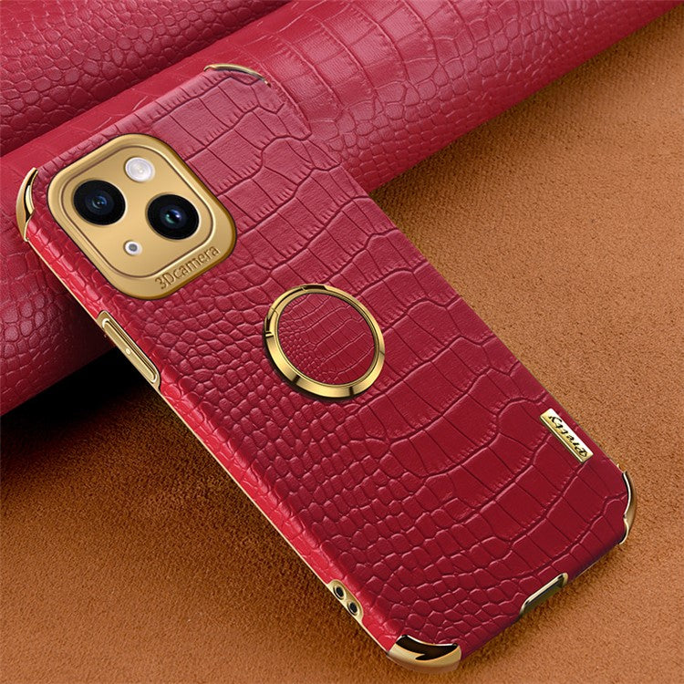 For iPhone 14 Electroplated PU Leather Coated TPU Cover Ring Kickstand Crocodile Texture Phone Case - Red