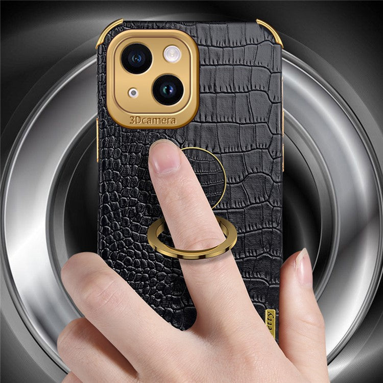 For iPhone 14 Electroplated PU Leather Coated TPU Cover Ring Kickstand Crocodile Texture Phone Case - Red