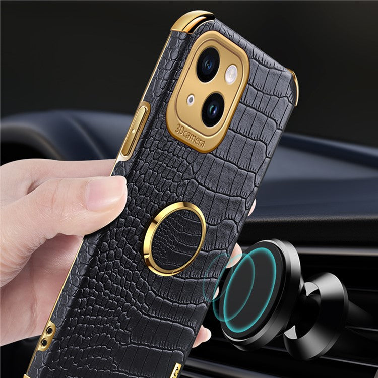 For iPhone 14 Electroplated PU Leather Coated TPU Cover Ring Kickstand Crocodile Texture Phone Case - Red