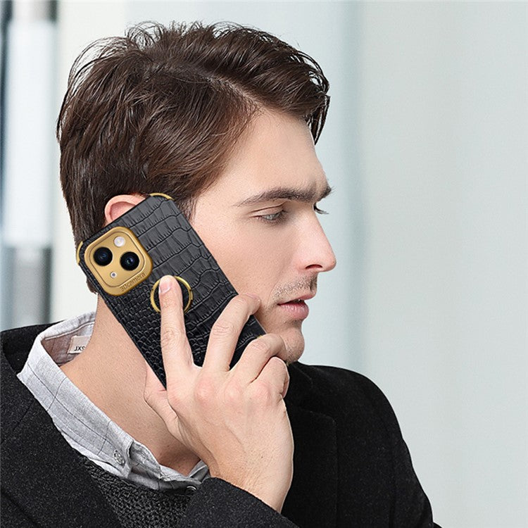 For iPhone 14 Electroplated PU Leather Coated TPU Cover Ring Kickstand Crocodile Texture Phone Case - Red