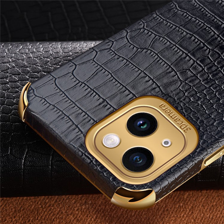 For iPhone 14 Electroplated PU Leather Coated TPU Cover Ring Kickstand Crocodile Texture Phone Case - Red