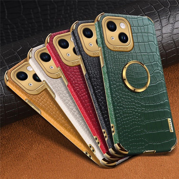 For iPhone 14 Electroplated PU Leather Coated TPU Cover Ring Kickstand Crocodile Texture Phone Case - Red
