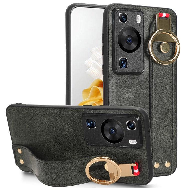 For Huawei P60 / P60 Pro Phone Cover Wristband Kickstand PU Leather Coated PC+TPU Case with Neck Strap - Green