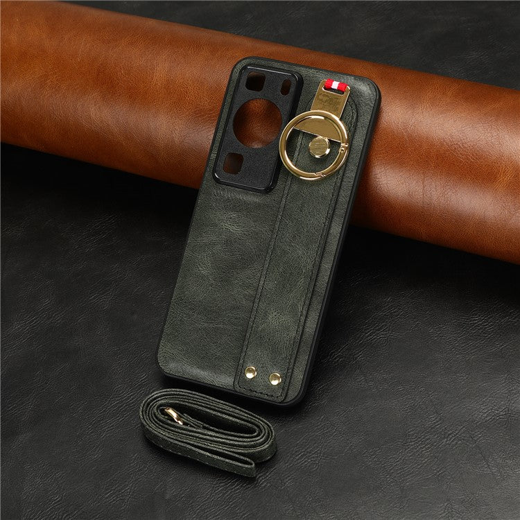 For Huawei P60 / P60 Pro Phone Cover Wristband Kickstand PU Leather Coated PC+TPU Case with Neck Strap - Green