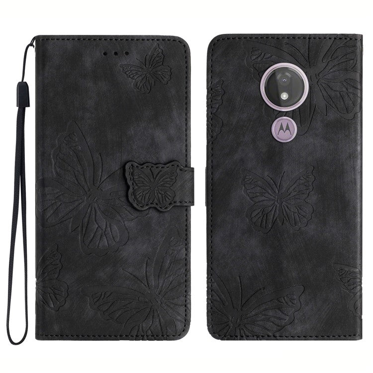 For Motorola Moto G7 Power Skin-touch PU Leather Case Butterfly Imprinted Stand Wallet Phone Cover - Black