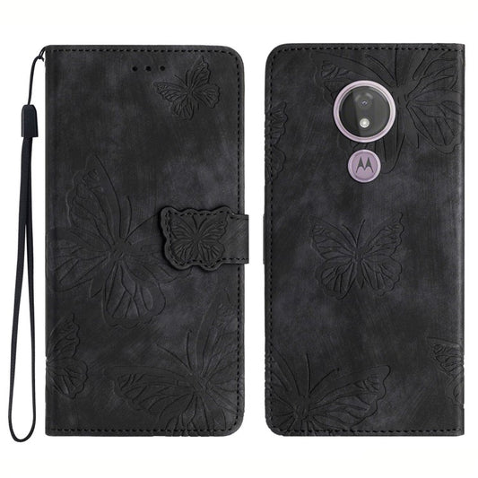 For Motorola Moto G7 Power Skin-touch PU Leather Case Butterfly Imprinted Stand Wallet Phone Cover - Black