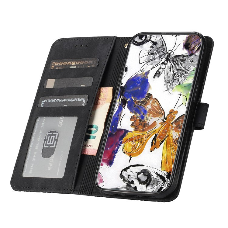 For Motorola Moto G7 Power Skin-touch PU Leather Case Butterfly Imprinted Stand Wallet Phone Cover - Black