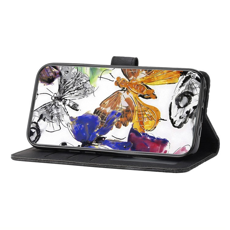 For Motorola Moto G7 Power Skin-touch PU Leather Case Butterfly Imprinted Stand Wallet Phone Cover - Black