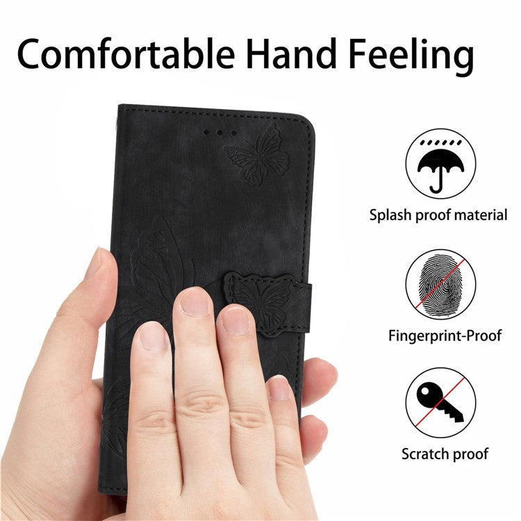 For Motorola Moto G7 Power Skin-touch PU Leather Case Butterfly Imprinted Stand Wallet Phone Cover - Black