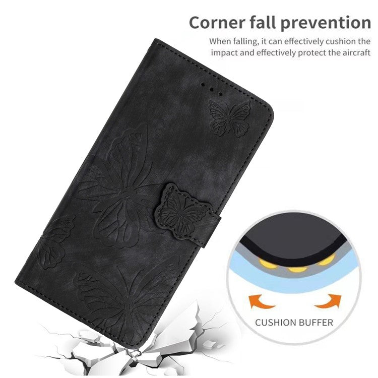 For Motorola Moto G7 Power Skin-touch PU Leather Case Butterfly Imprinted Stand Wallet Phone Cover - Black