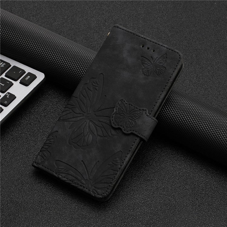 For Motorola Moto G7 Power Skin-touch PU Leather Case Butterfly Imprinted Stand Wallet Phone Cover - Black