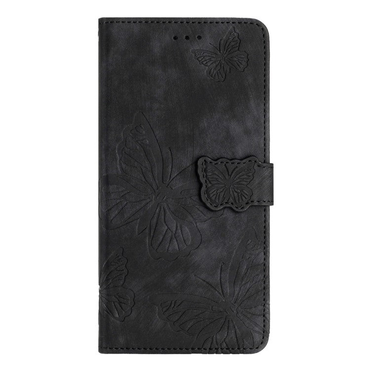 For Motorola Moto G7 Power Skin-touch PU Leather Case Butterfly Imprinted Stand Wallet Phone Cover - Black
