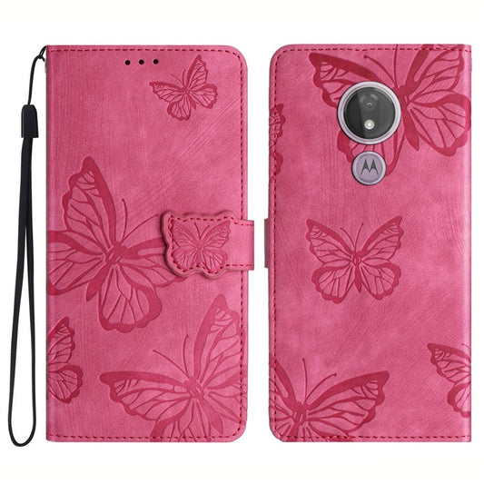 For Motorola Moto G7 Power Skin-touch PU Leather Case Butterfly Imprinted Stand Wallet Phone Cover - Rose