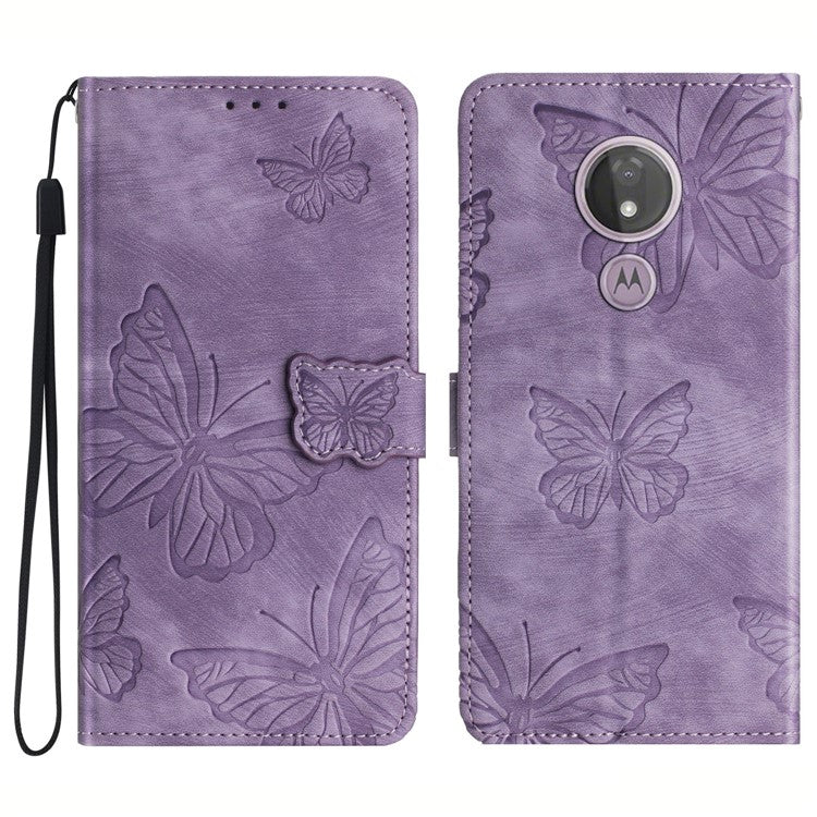 For Motorola Moto G7 Power Skin-touch PU Leather Case Butterfly Imprinted Stand Wallet Phone Cover - Purple