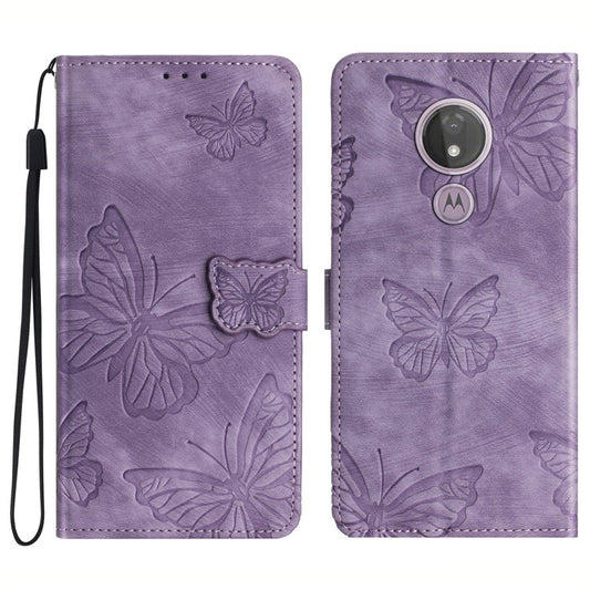 For Motorola Moto G7 Power Skin-touch PU Leather Case Butterfly Imprinted Stand Wallet Phone Cover - Purple