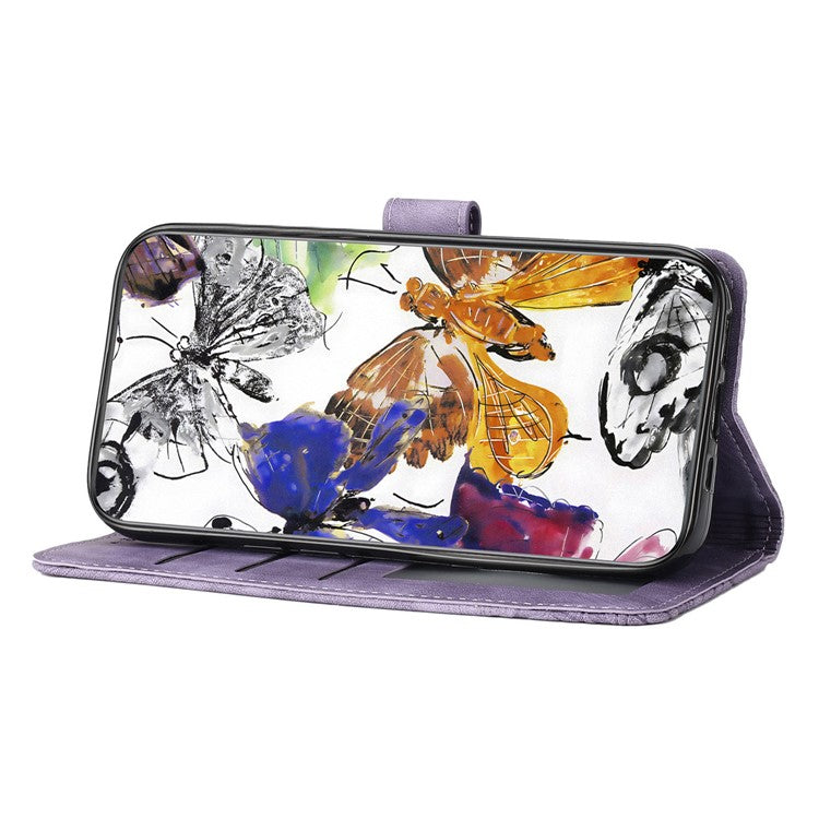 For Motorola Moto G7 Power Skin-touch PU Leather Case Butterfly Imprinted Stand Wallet Phone Cover - Purple