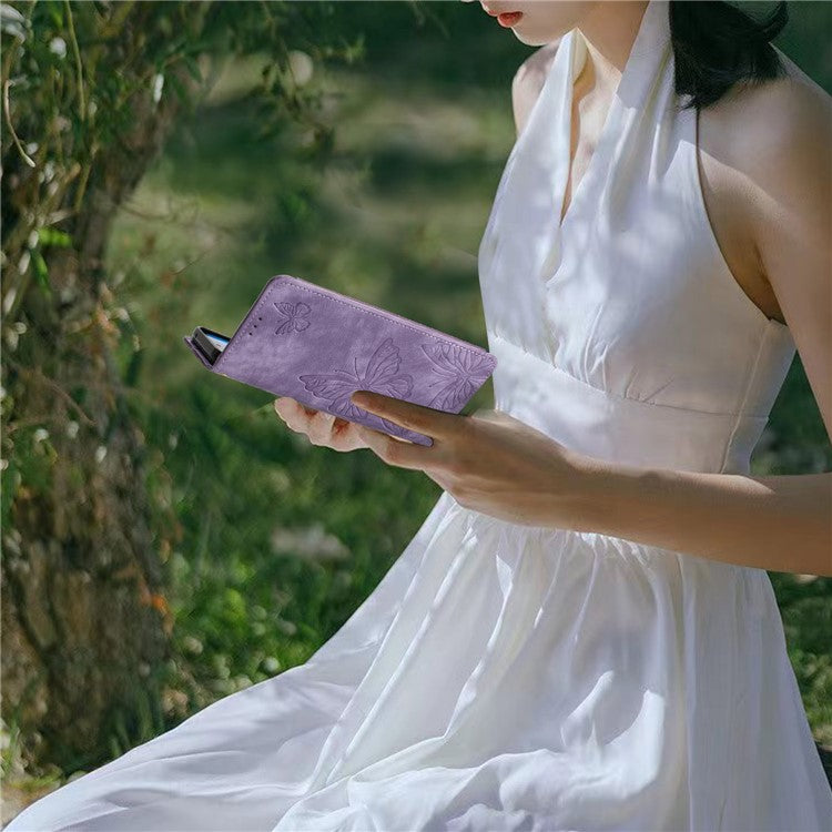 For Motorola Moto G7 Power Skin-touch PU Leather Case Butterfly Imprinted Stand Wallet Phone Cover - Purple