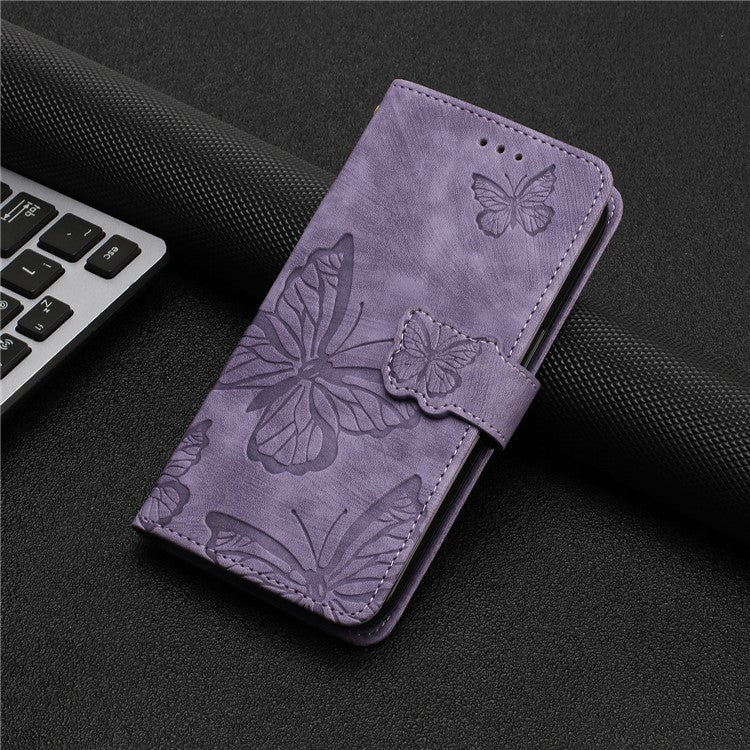 For Motorola Moto G7 Power Skin-touch PU Leather Case Butterfly Imprinted Stand Wallet Phone Cover - Purple