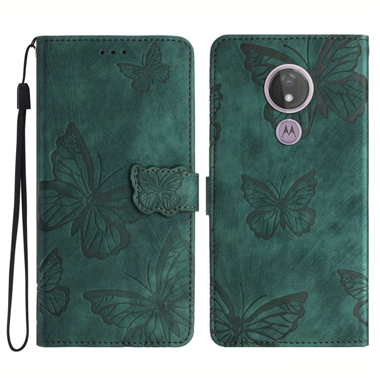 For Motorola Moto G7 Power Skin-touch PU Leather Case Butterfly Imprinted Stand Wallet Phone Cover - Green