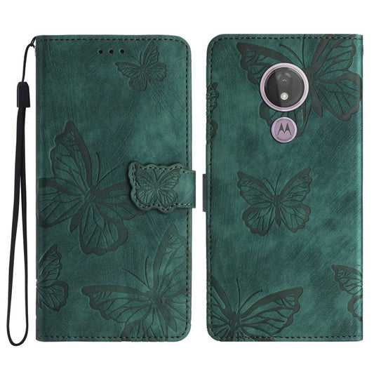 For Motorola Moto G7 Power Skin-touch PU Leather Case Butterfly Imprinted Stand Wallet Phone Cover - Green