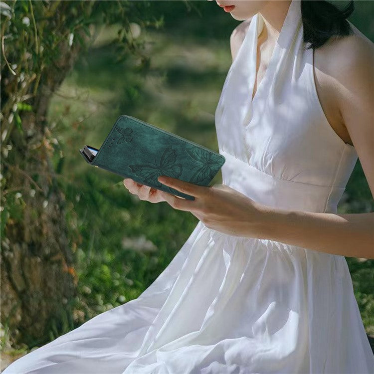 For Motorola Moto G7 Power Skin-touch PU Leather Case Butterfly Imprinted Stand Wallet Phone Cover - Green