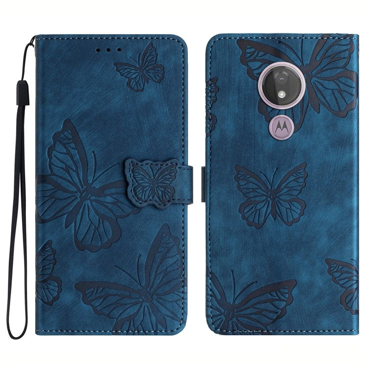 For Motorola Moto G7 Power Skin-touch PU Leather Case Butterfly Imprinted Stand Wallet Phone Cover - Blue