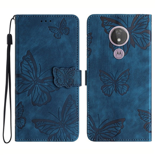 For Motorola Moto G7 Power Skin-touch PU Leather Case Butterfly Imprinted Stand Wallet Phone Cover - Blue