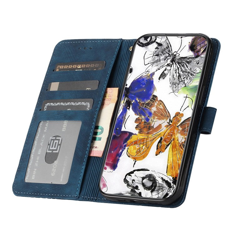 For Motorola Moto G7 Power Skin-touch PU Leather Case Butterfly Imprinted Stand Wallet Phone Cover - Blue