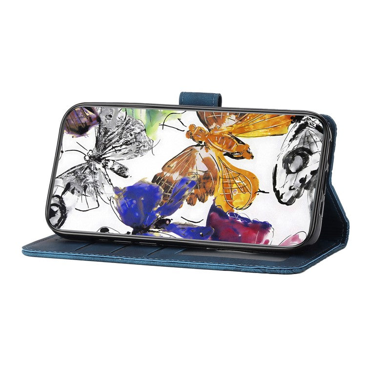 For Motorola Moto G7 Power Skin-touch PU Leather Case Butterfly Imprinted Stand Wallet Phone Cover - Blue