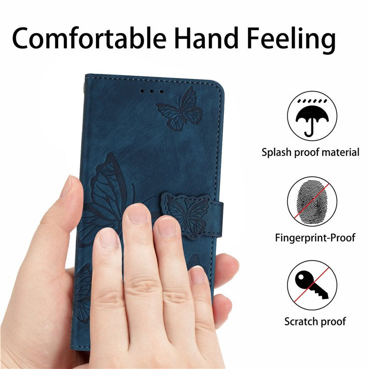 For Motorola Moto G7 Power Skin-touch PU Leather Case Butterfly Imprinted Stand Wallet Phone Cover - Blue