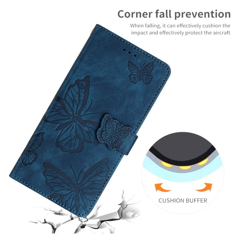 For Motorola Moto G7 Power Skin-touch PU Leather Case Butterfly Imprinted Stand Wallet Phone Cover - Blue