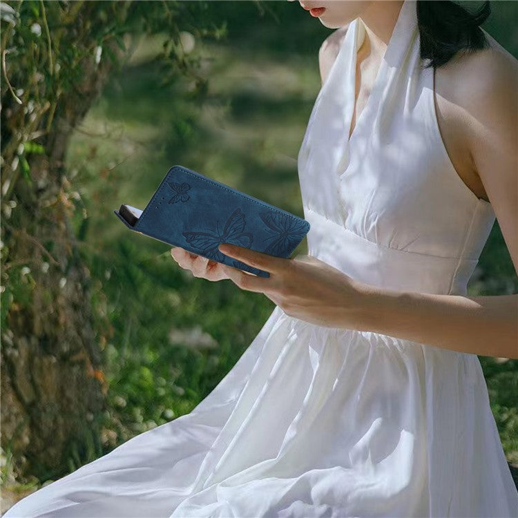 For Motorola Moto G7 Power Skin-touch PU Leather Case Butterfly Imprinted Stand Wallet Phone Cover - Blue