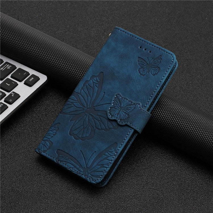 For Motorola Moto G7 Power Skin-touch PU Leather Case Butterfly Imprinted Stand Wallet Phone Cover - Blue