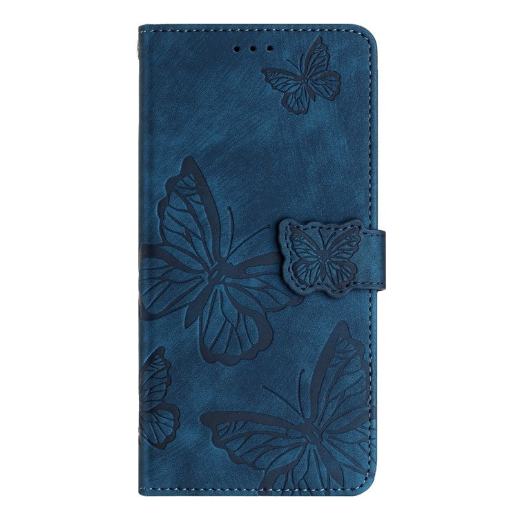 For Motorola Moto G7 Power Skin-touch PU Leather Case Butterfly Imprinted Stand Wallet Phone Cover - Blue