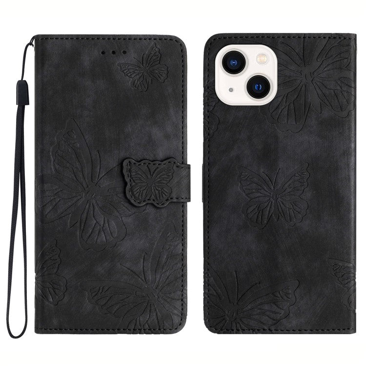 For iPhone 14 Plus Foldable Stand PU Leather Wallet Case Butterfly Imprinted Skin-touch Phone Cover - Black