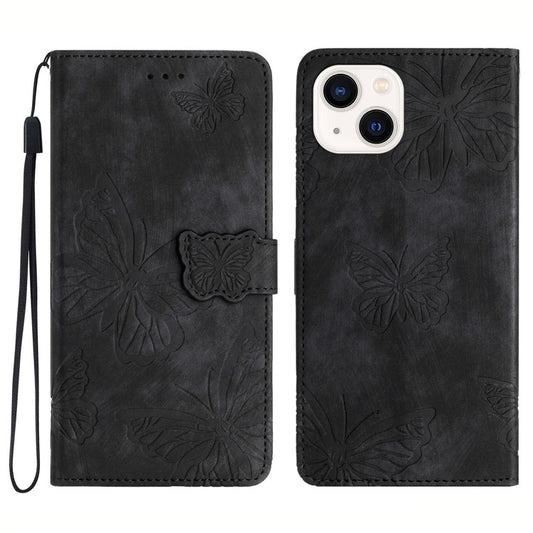 For iPhone 14 Plus Foldable Stand PU Leather Wallet Case Butterfly Imprinted Skin-touch Phone Cover - Black