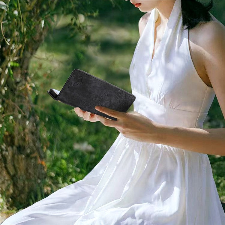 For iPhone 14 Plus Foldable Stand PU Leather Wallet Case Butterfly Imprinted Skin-touch Phone Cover - Black