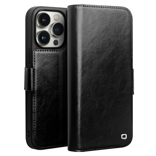 QIALINO For iPhone 14 Pro Max Genuine Cow Leather Wallet Case Stand Flip Magnetic Phone Cover - Black