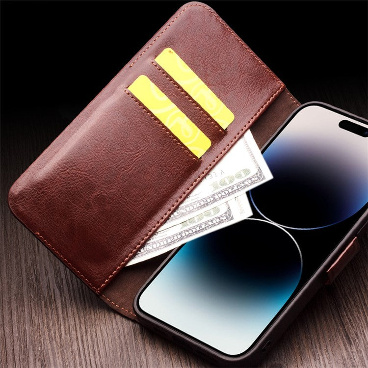 QIALINO For iPhone 14 Pro Max Genuine Cow Leather Wallet Case Stand Flip Magnetic Phone Cover - Black