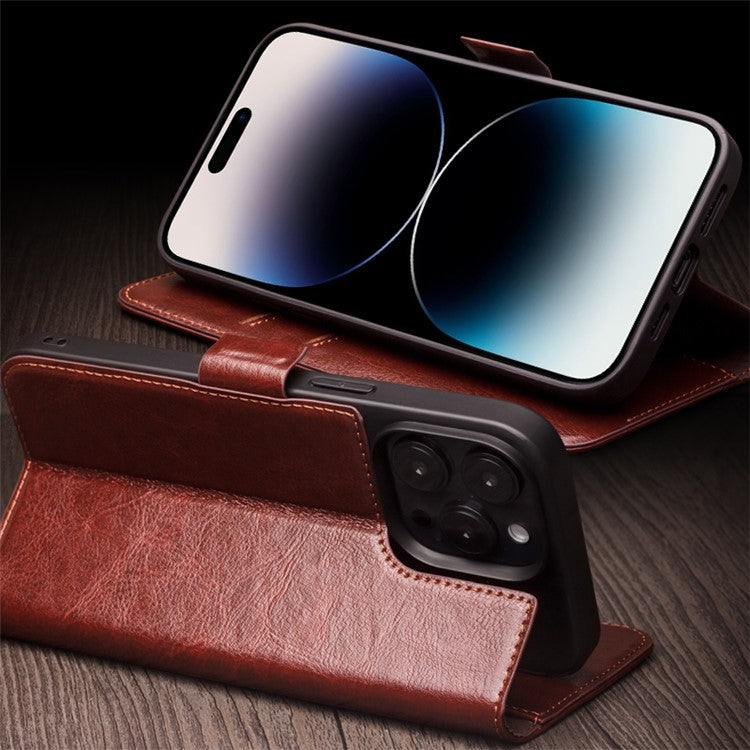 QIALINO For iPhone 14 Pro Max Genuine Cow Leather Wallet Case Stand Flip Magnetic Phone Cover - Black